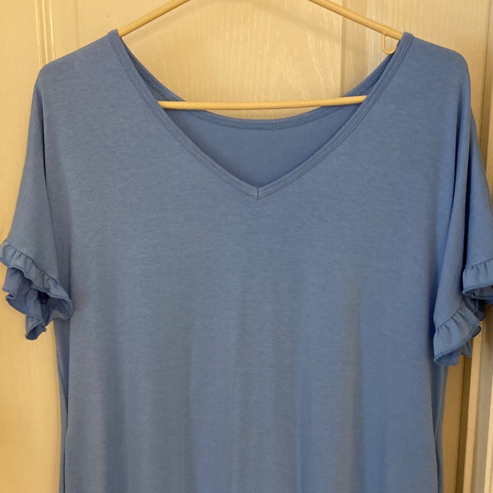 Blue V-Neck Ruffle Sleeve Dress - Picture 2 of 10